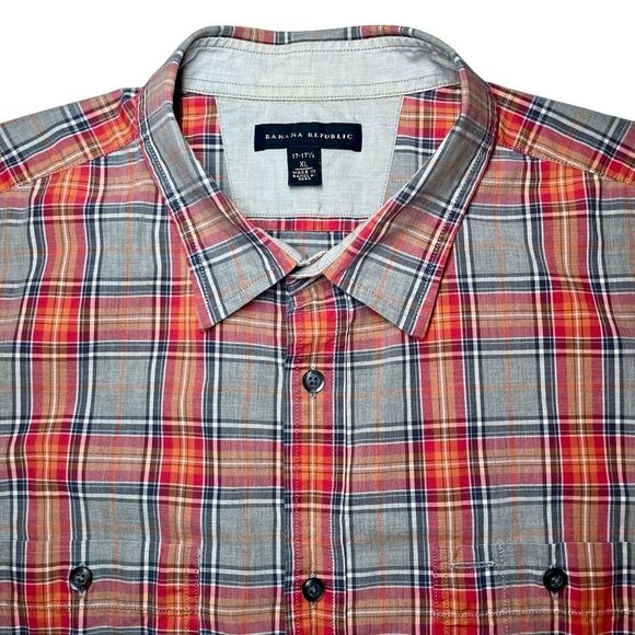 Banana Republic Plaid Button Down Shirt in Grey/Orange/Red Men’s XL/17-17 1/2 - Picture 1 of 6